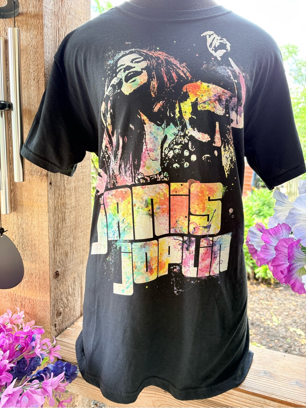 Janice Joplin Black w Multi-Color Artist Graphic Pullover Cotton Crew Tee